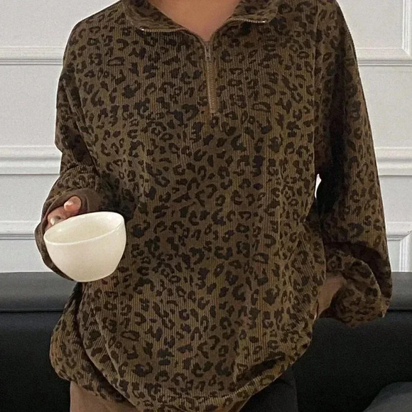Brown Casual Women's Zip Up Front Long Sleeve Leopard Print Sweatshirt - Picture 4 of 6